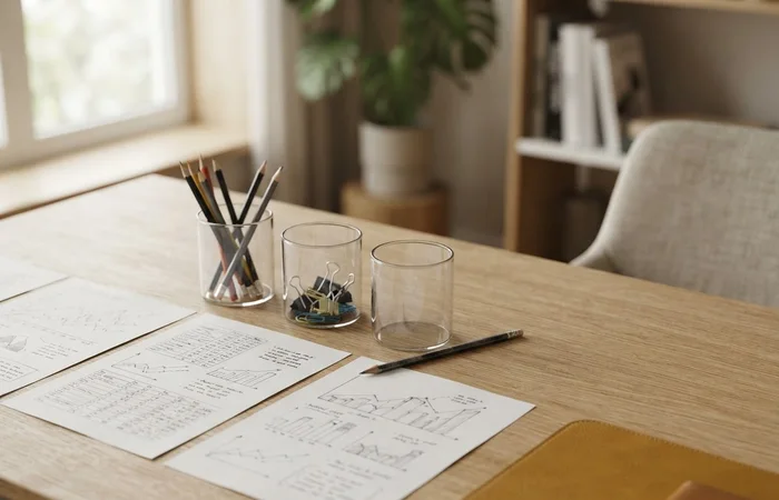 Fiktive Materialkosten und Preislisten liegen neben drei Glasbehältern und einem Bleistift.